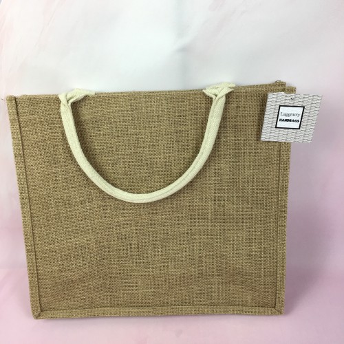 LAGGNICTY  Jute Tote Bags, 14.5" x 6.7" x 10.2" Pack of 1 Burlap Bridesmaid Bags, Burlap Beach Totes, Jute Travel Bags with handles, Tote Bag for DIY,Gym,Shopping,Wedding